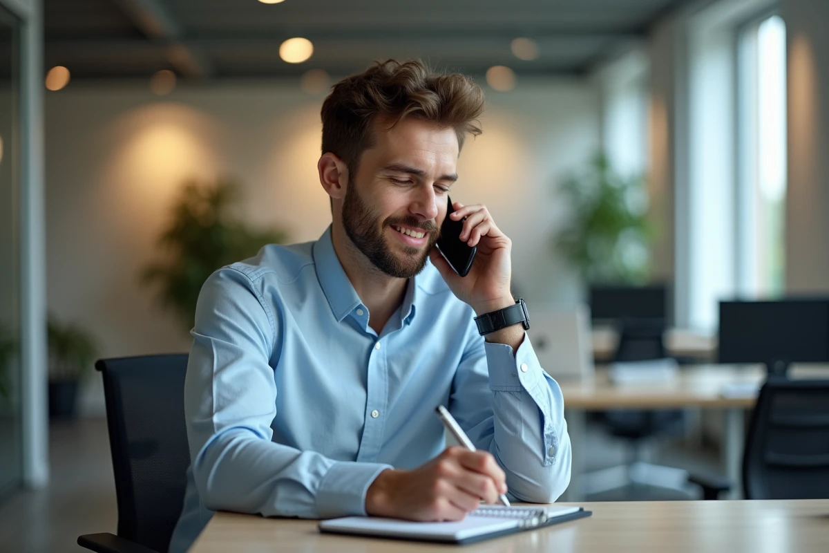 Jeune homme au bureau parlant au téléphone et prenant des notes
