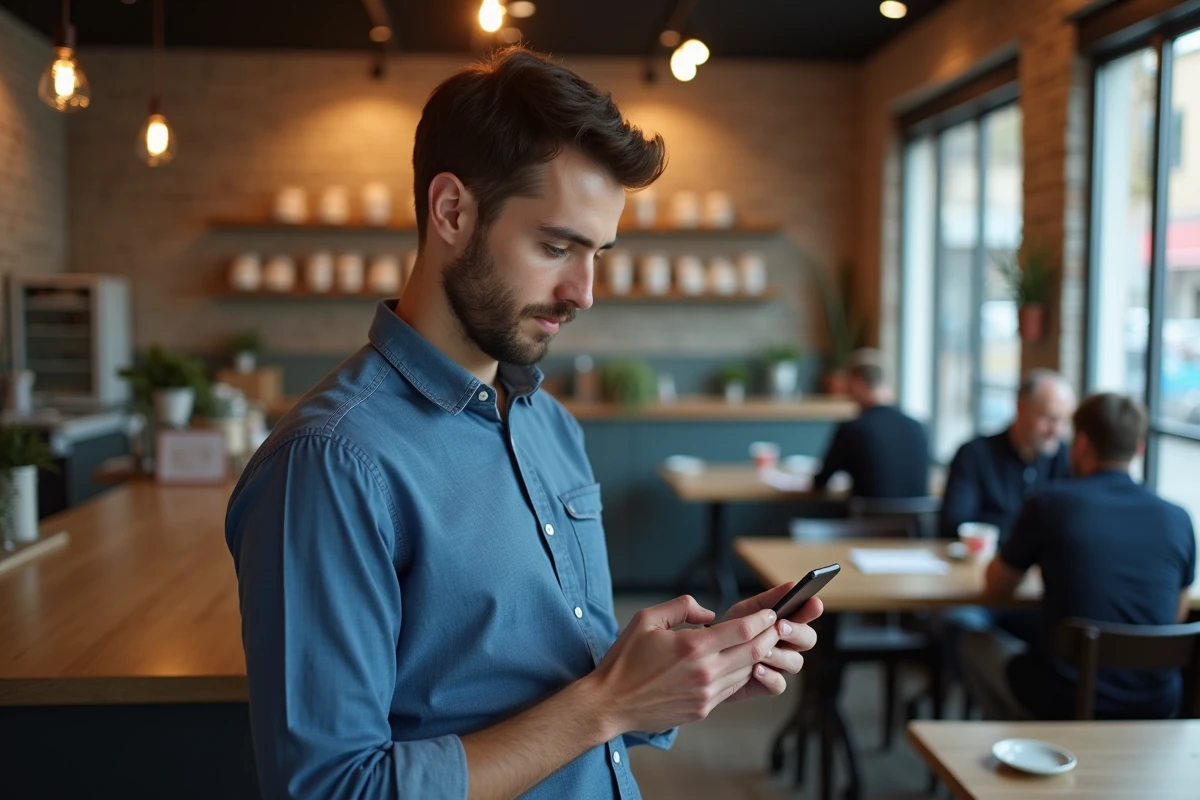 Jeune homme utilisant son smartphone dans un café moderne