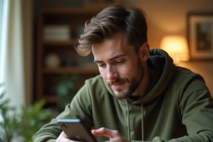 Jeune homme jouant à un jeu mobile sur smartphone assis à un bureau en bois dans un bureau à domicile