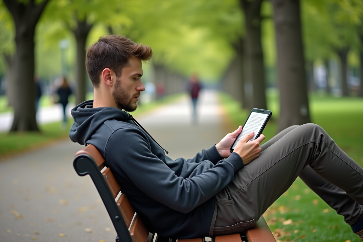 Jeune homme lisant un ebook sur un banc de parc