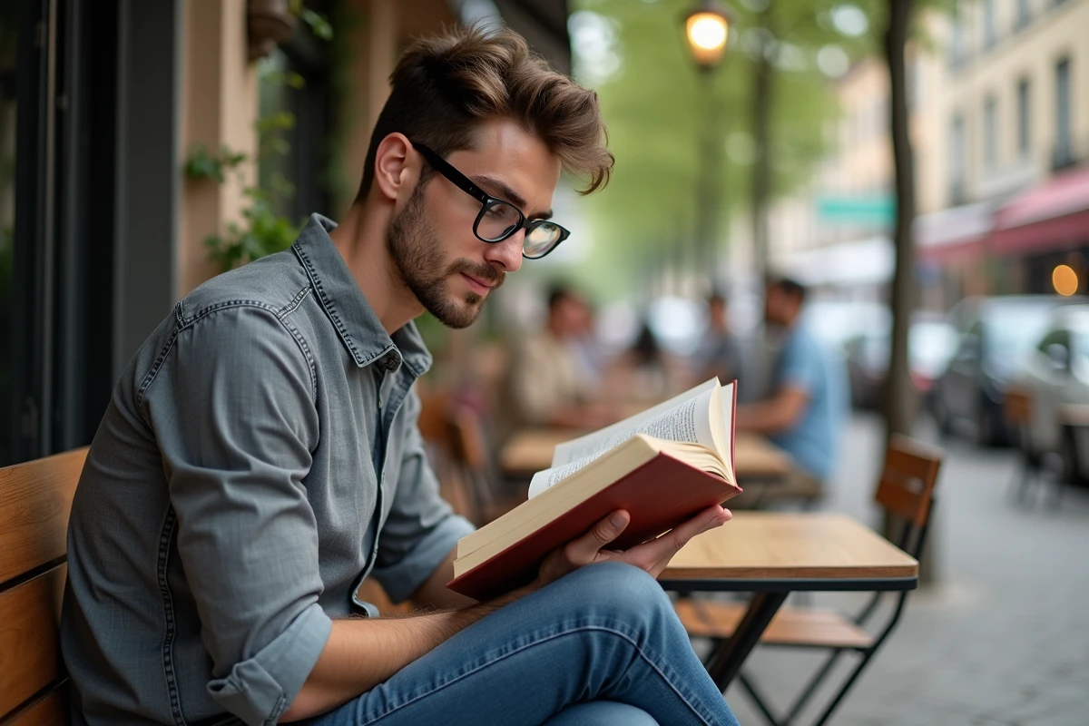 Jeune homme lisant un livre en terrasse de café en ville