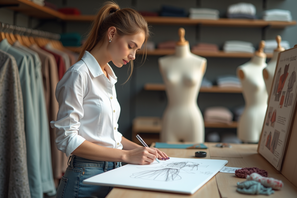 Jeune étudiante en mode esquissant un design dans un atelier lumineux