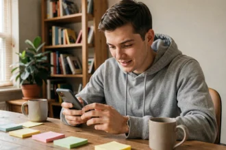 Joueur de Monopoly Go concentré sur son smartphone en cherchant une stratégie de lancer infini
