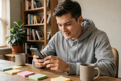 Joueur de Monopoly Go concentré sur son smartphone en cherchant une stratégie de lancer infini