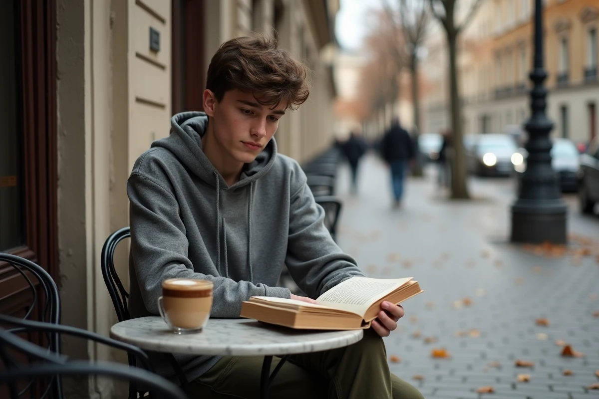 Jeune personne lisant un recueil de citations philosophiques en terrasse de café parisien en automne