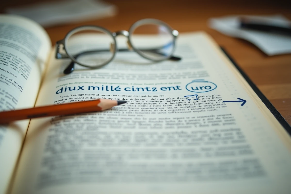 Livre de grammaire française ouvert avec une annotation manuscrite entourant la règle orthographique de deux mille cinq cents euros