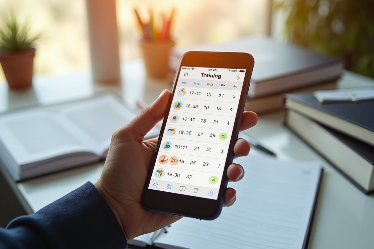 Main tenant un smartphone avec calendrier de formation en lumière naturelle