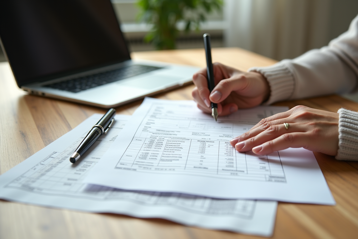 Mains triant des papiers de notaire sur une table en bois