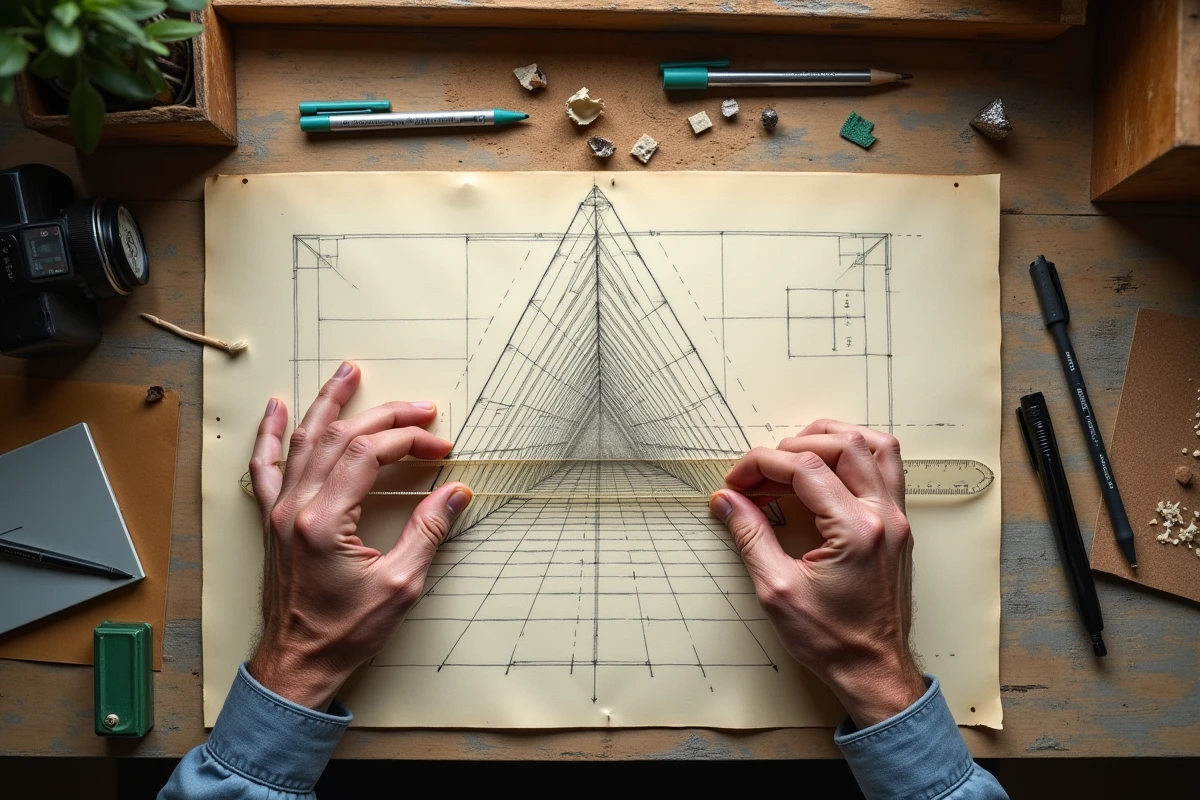 Mains d'un dessinateur traçant un triangle de Penrose sur une table à dessin avec des outils de géométrie et des références à Escher