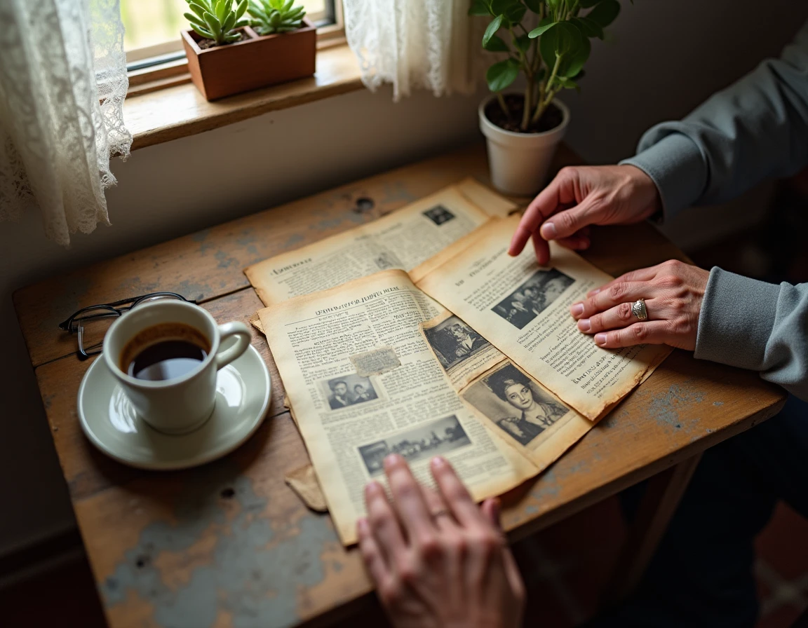 Mains d'une personne âgée arrangeant des documents familiaux anciens et des coupures de journaux sur une table de cuisine rustique