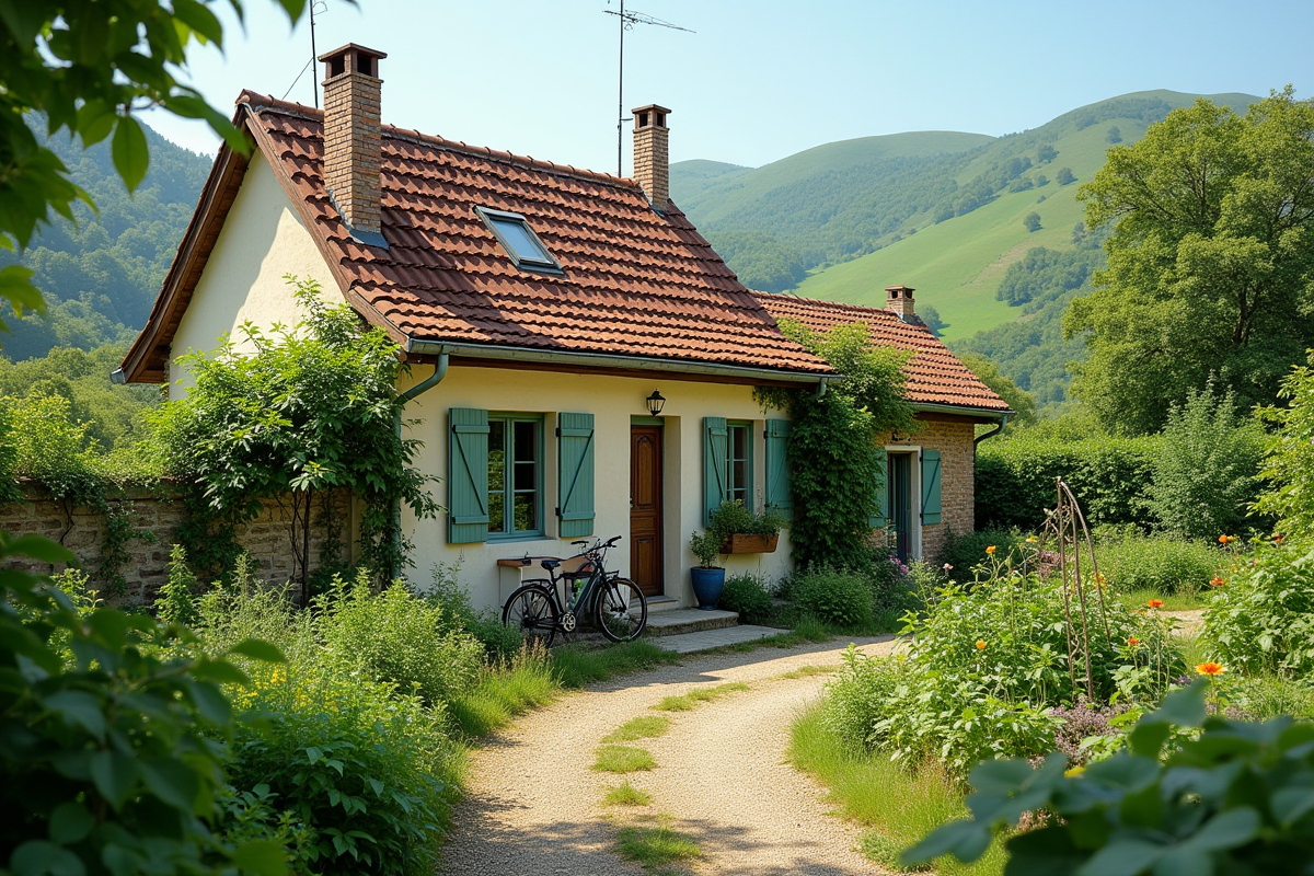 Maison de campagne avec jardin potager et vélos au soleil