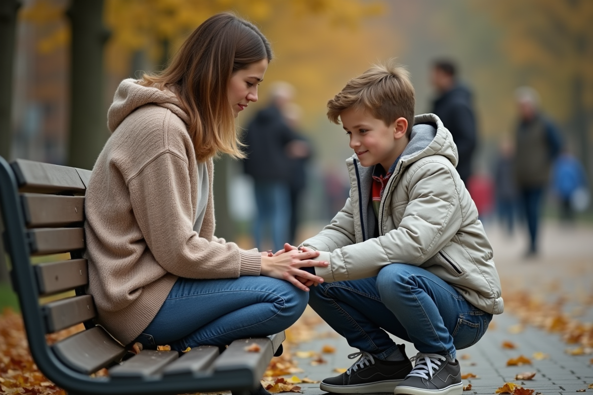 Maman réconfortant son fils dans un parc urbain