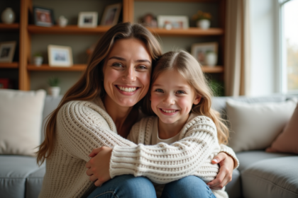 Femme souriante avec sa fille dans un salon chaleureux