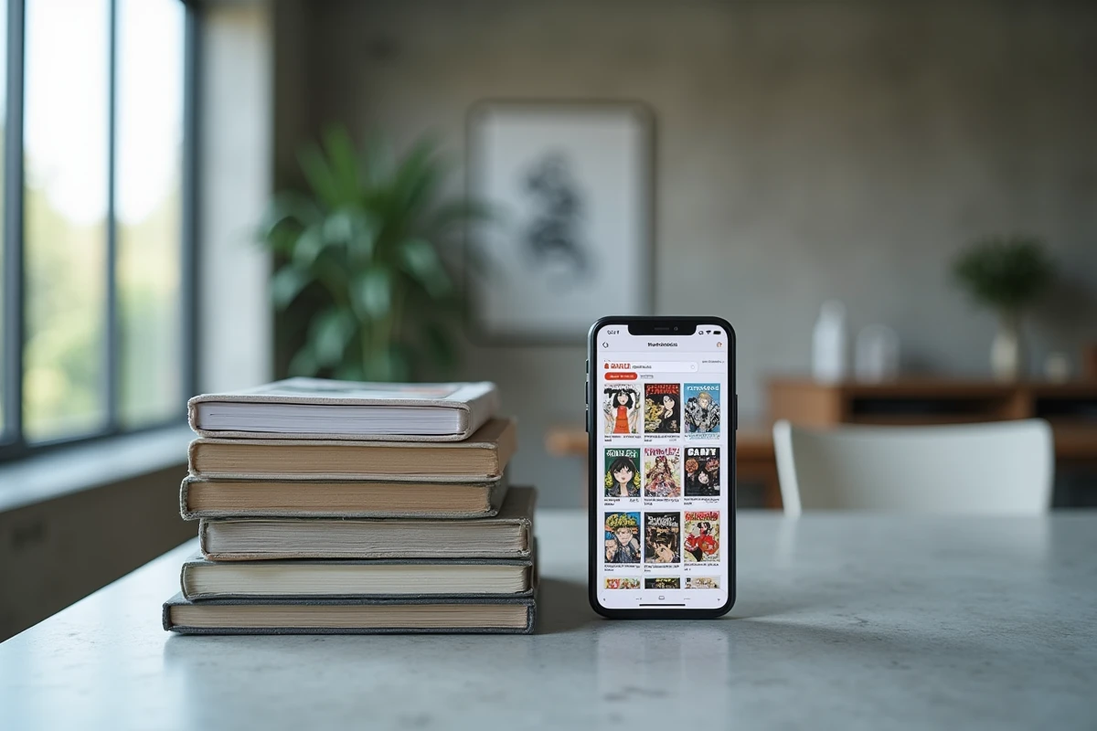 Volumes de manga physiques posés à côté d'un smartphone affichant un site de scan en ligne, illustrant la question de la légalité des scans manga