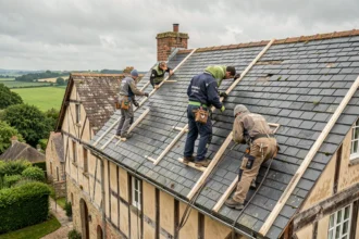 Équipe de couvreurs travaillant sur un toit en ardoise d'une maison normande traditionnelle à colombages, avec la campagne normande en arrière-plan