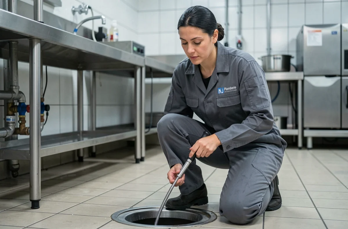Technicienne MJ Plomberie débouchant un siphon de sol dans une cuisine professionnelle