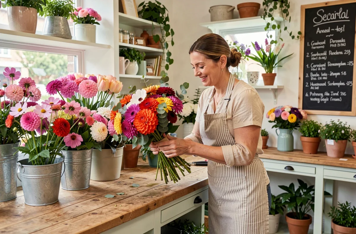 Fleuriste Murielle arrangeant un bouquet de dahlias et de cosmos dans sa boutique Murielle Fleurs à Crépy-en-Valois