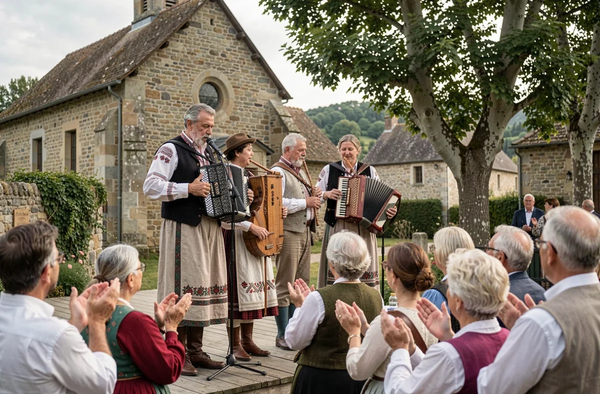 Musiciens folkloriques en costume régional jouant sur scène lors d'une fête traditionnelle de village en Aveyron