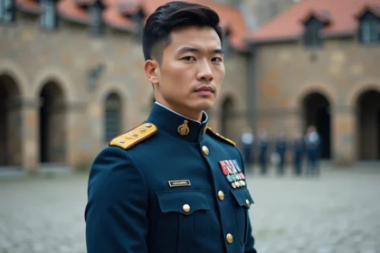 Jeune homme en uniforme militaire en extérieur