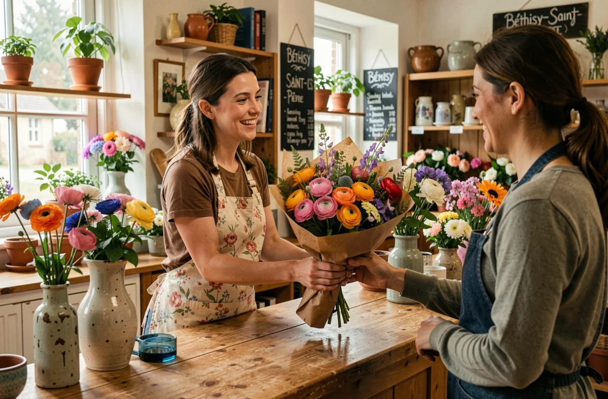 Fleuriste d'O'fleurs de Charlotte à Béthisy-Saint-Pierre remettant un bouquet coloré à une cliente souriante