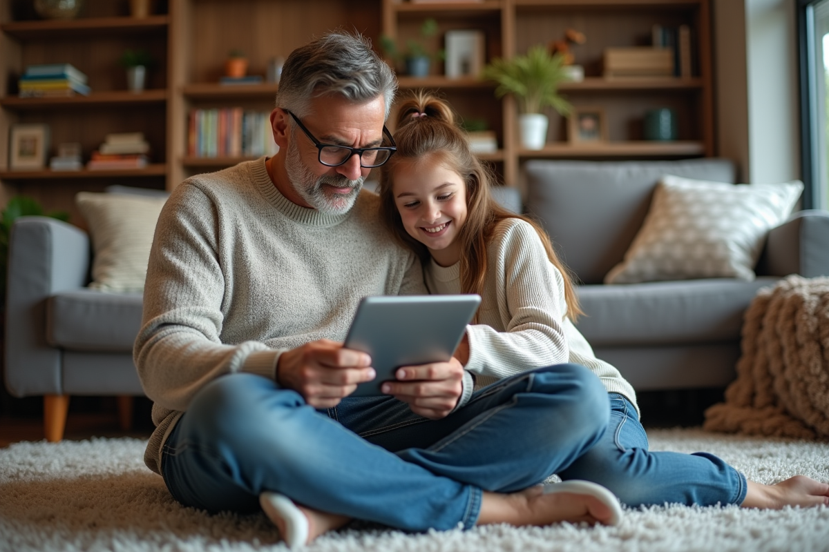 Père et fille coordonnant leurs emplois du temps avec une tablette