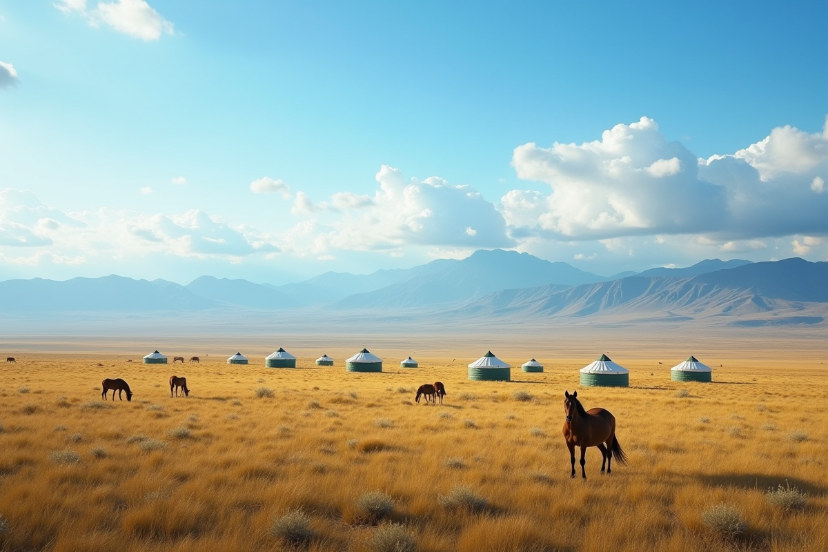 Paysage de la steppe kazakhe avec yurts et chevaux au loin