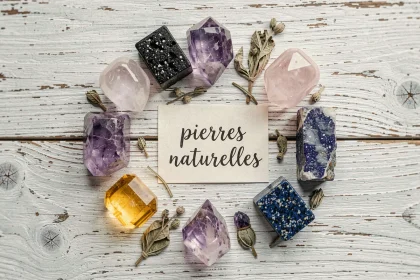 Arrangement de pierres naturelles et cristaux de guérison en flat lay sur bois blanc, incluant quartz rose, améthyste et tourmaline noire