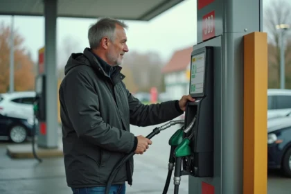 Homme faisant le plein d'essence dans une station-service au Luxembourg en regardant le prix affiché sur la pompe