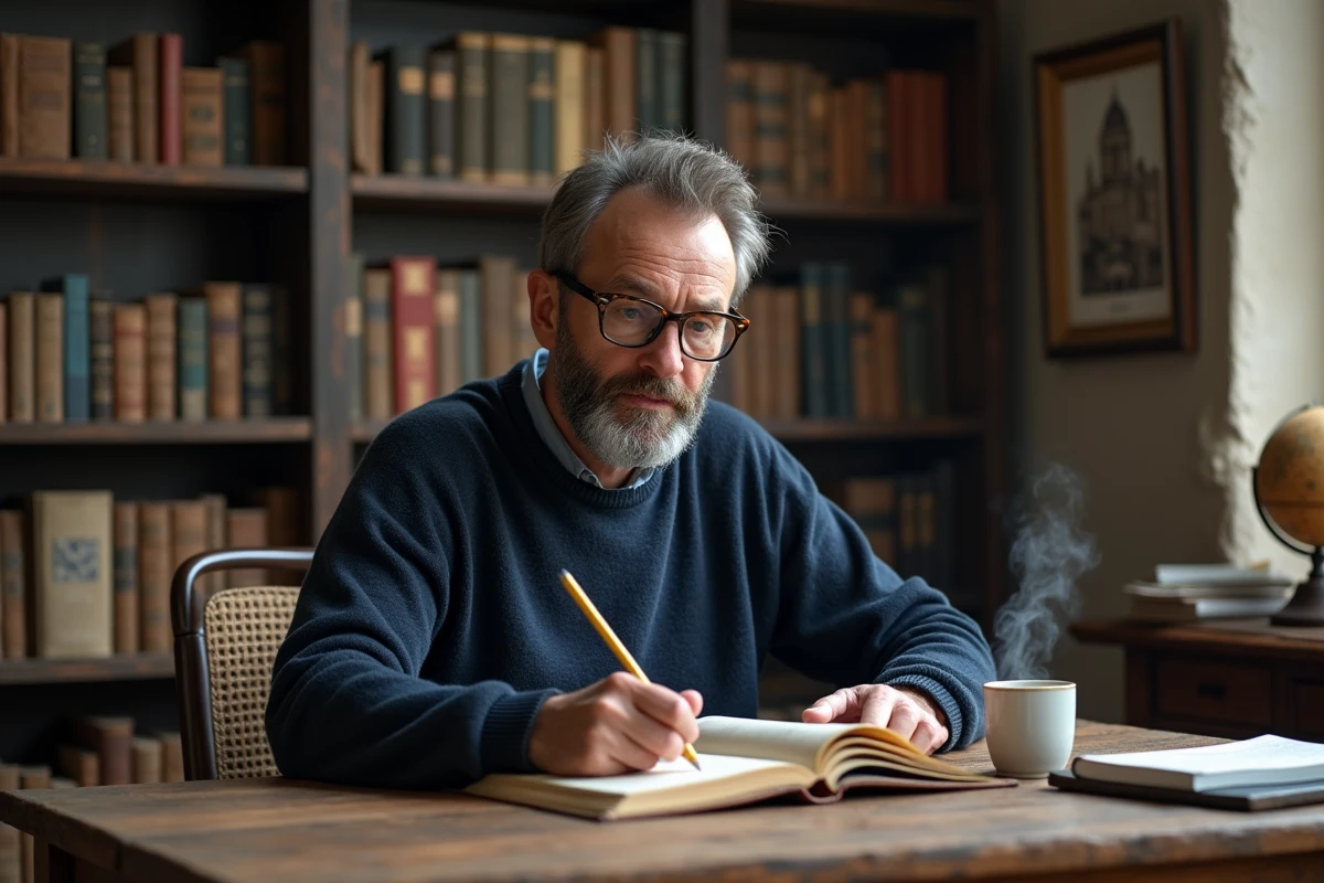 Professeur de philosophie prenant des notes dans son bureau universitaire entouré de livres