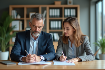 Homme et femme d'affaires en réunion dans une banque