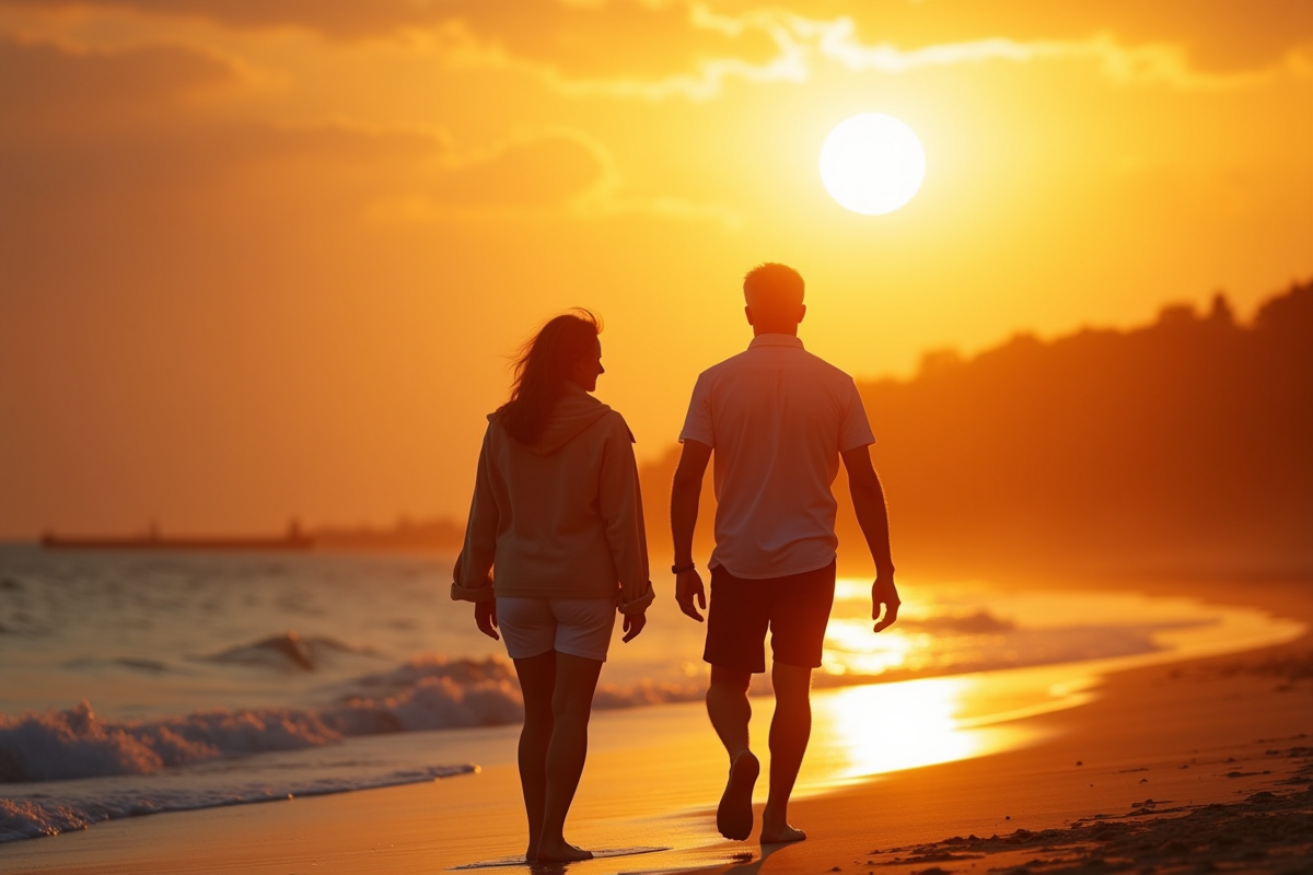 Couple mature marchant au coucher du soleil sur la plage