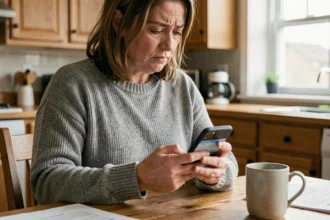 Femme cherchant un numéro de téléphone portable sur son smartphone à la maison