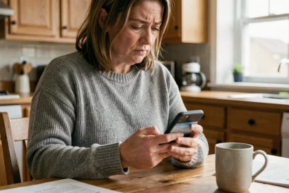 Femme cherchant un numéro de téléphone portable sur son smartphone à la maison