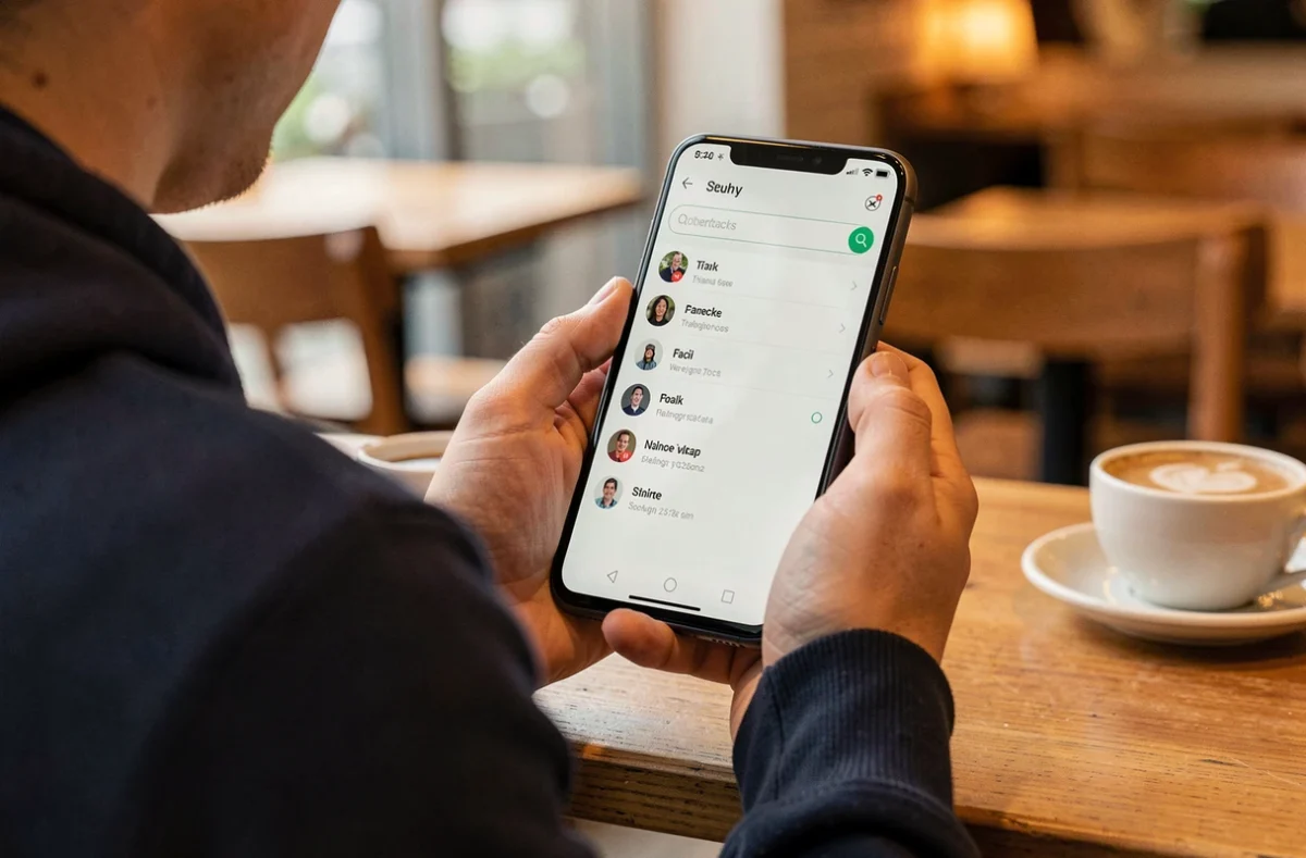 Gros plan de mains tenant un smartphone avec une recherche de numéro de téléphone en cours dans un café