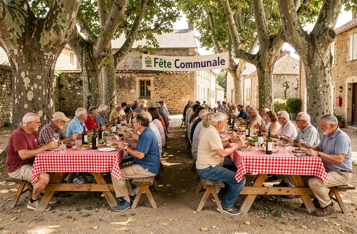 Repas communautaire en plein air sous les platanes lors d'une fête de village estivale en Aveyron avec tables dressées