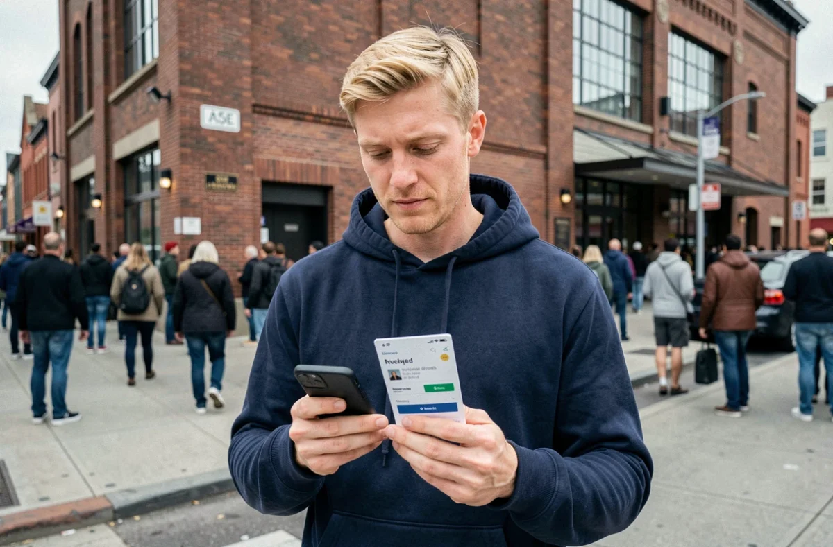 Homme consultant une application de revente de billets devant une salle de concert en ville