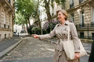 Une riveraine indique le chemin vers l'impasse des Lilas dans une rue résidentielle parisienne pavée
