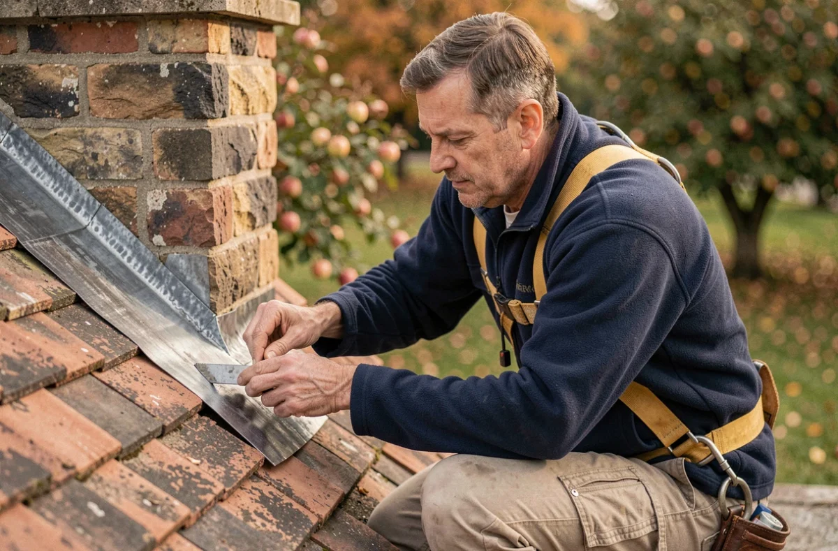 Artisan couvreur Roman appliquant du plomb de solin autour d'une cheminée sur une toiture en tuiles normande