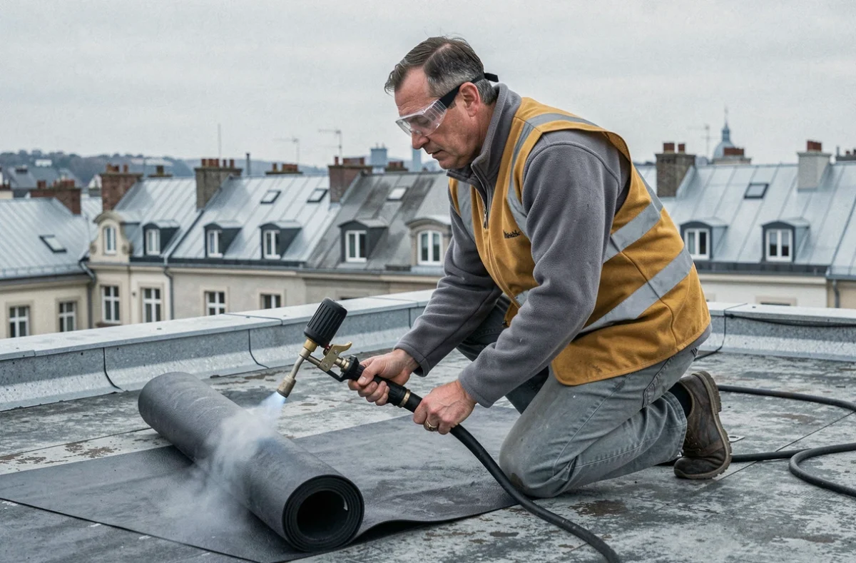 Professionnel de S.Mikael appliquant une membrane d'étanchéité sur une toiture terrasse dans un contexte urbain normand