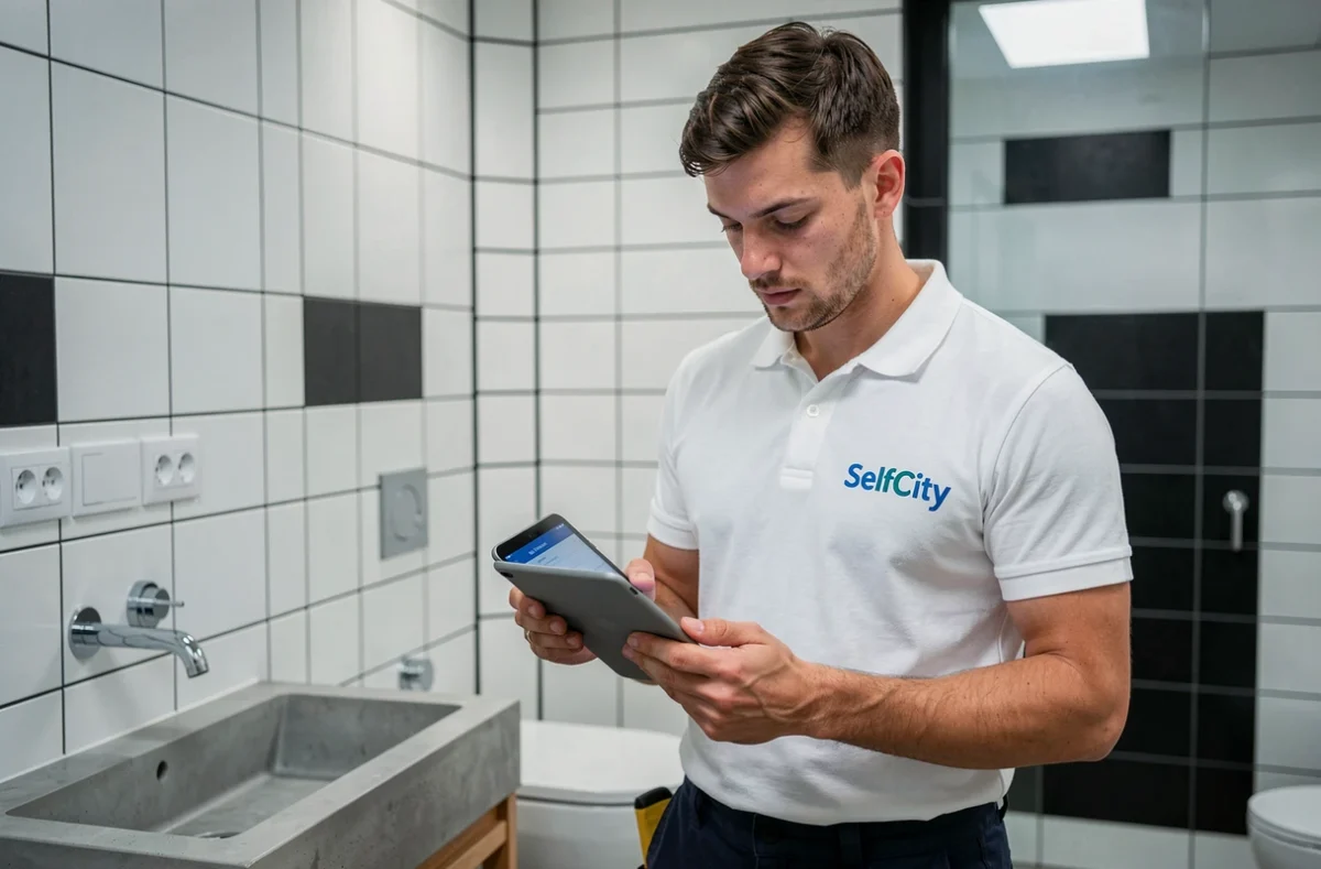 Technicien SelfCity Bordeaux enregistrant une demande d'intervention sur tablette dans une salle de bain moderne