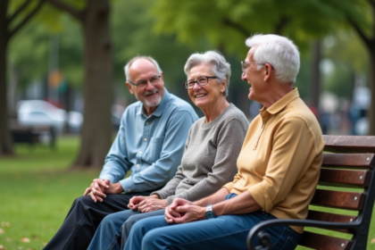 Groupe de seniors souriants dans un parc urbain