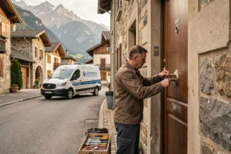 Serrurier professionnel intervenant sur une porte d'entrée dans un quartier résidentiel en Isère