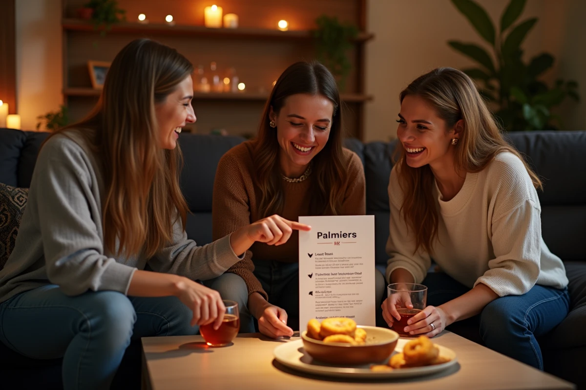Groupe d'amis jouant avec la règle du jeu Palmier imprimable lors d'une soirée conviviale