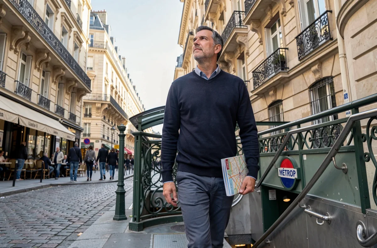 Touriste sortant d'une station de métro ligne 9 à Paris, découvrant les façades haussmanniennes et l'entrée art nouveau du métro