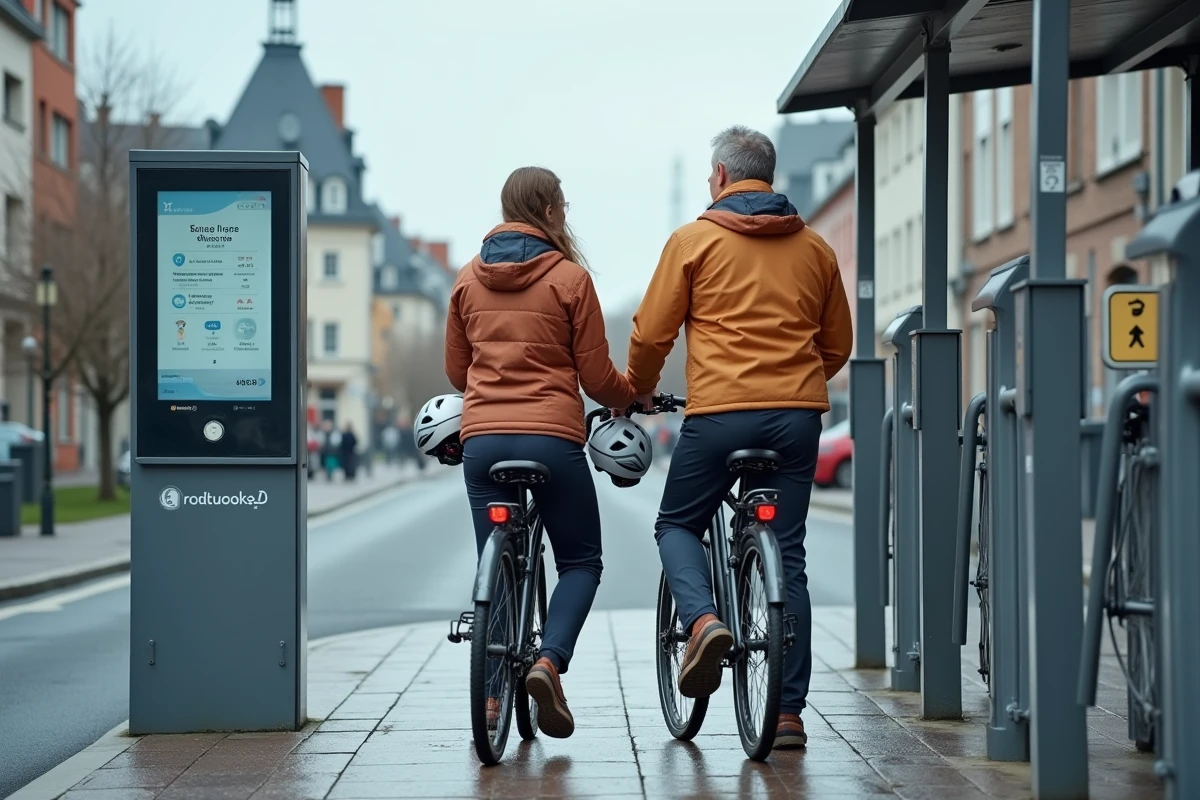 Deux cyclistes garent leurs vélos à une station de stationnement proche du tram Ligne 2 à Nantes