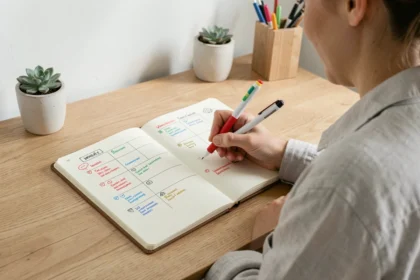 Femme utilisant un stylo 4 couleurs effaçable pour écrire dans un bullet journal à pages pointillées sur un bureau en bois minimaliste
