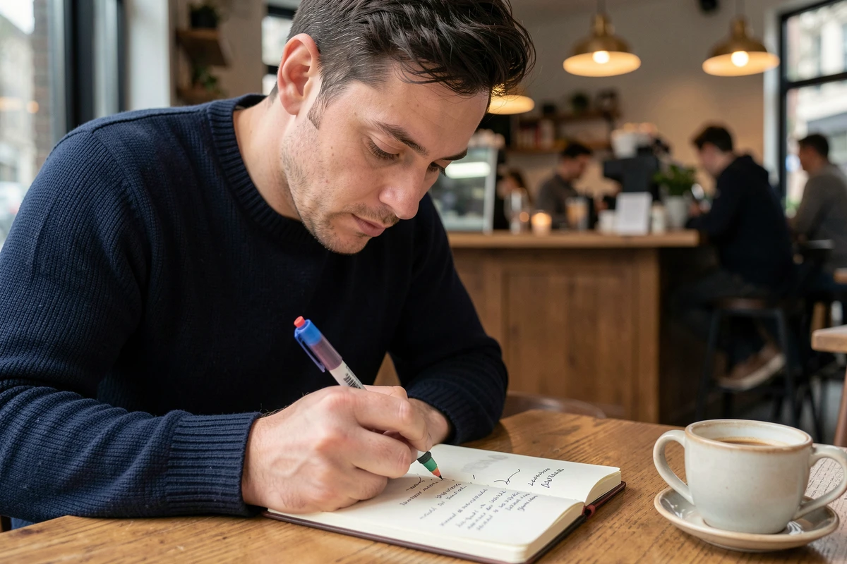 Homme effaçant une écriture dans son bullet journal avec un stylo 4 couleurs effaçable dans un café urbain