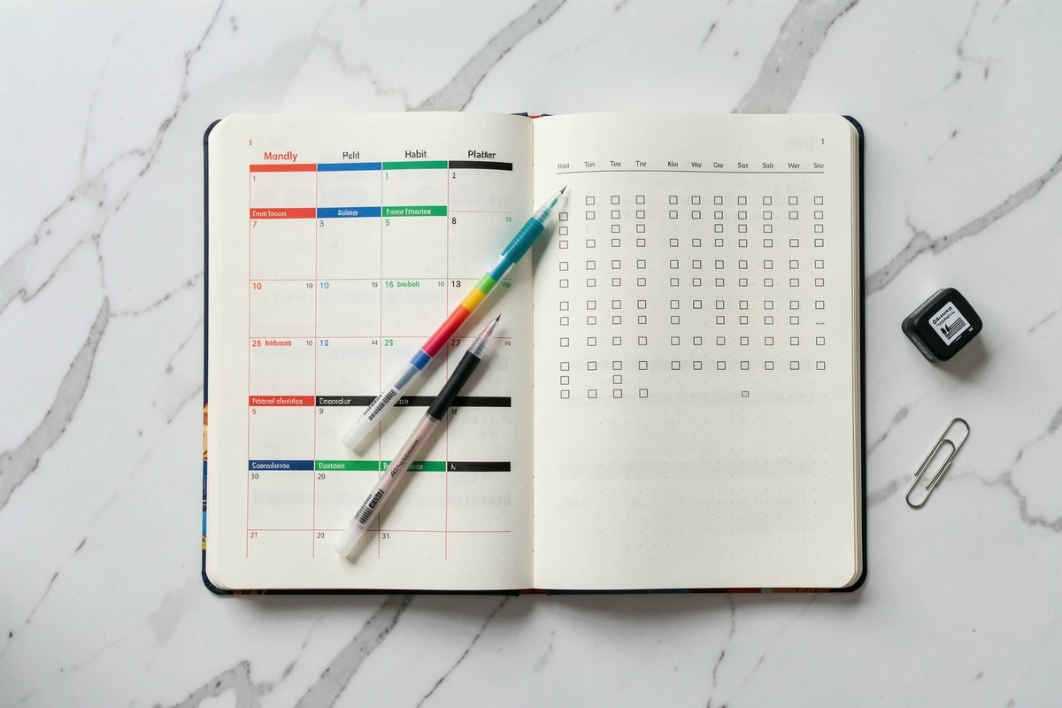 Vue du dessus d'un bullet journal ouvert avec un stylo 4 couleurs effaçable posé sur les pages, mise en page mensuelle colorée sur marbre blanc