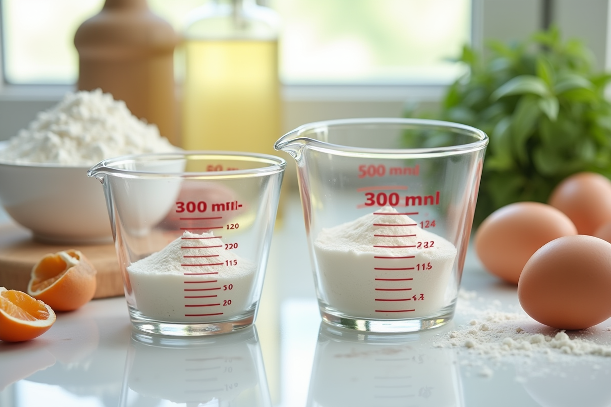Tasses doseuses en millilitres et centilitres avec œufs et farine