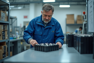 Technicien en overalls manipulant une batterie lithium dans un laboratoire